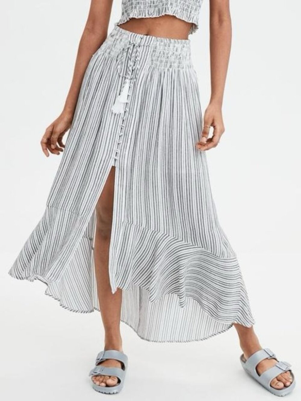 Skirt 22 XXXL Maxi Hi Lo Black White Stripe Flowy Boho Smocked Summer Beach NWT